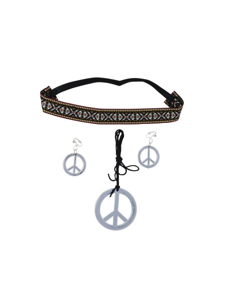 Set accessori hippie con fascia etnica, collana simbolo pace e orecchini piume per costume anni 70