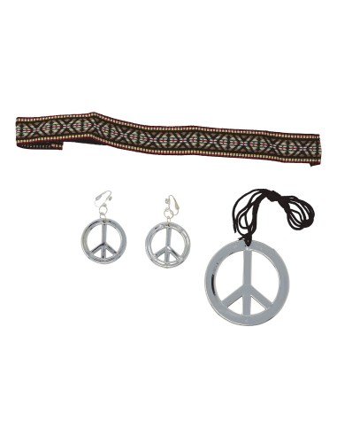 Set accessori hippie con fascia etnica, collana simbolo pace e orecchini piume per costume anni 70