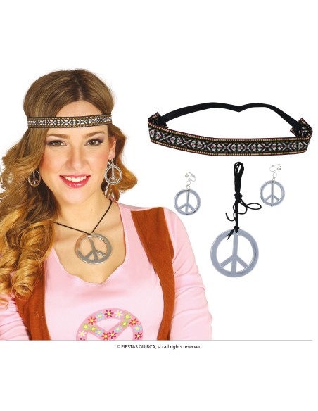 Set accessori hippie con fascia etnica, collana simbolo pace e orecchini piume per costume anni 70