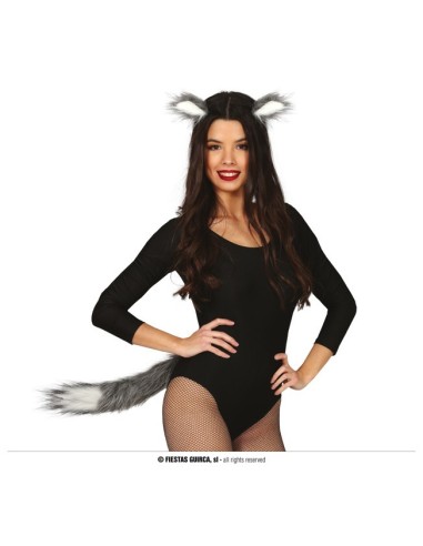 Set costume lupo grigio con orecchie pelose e coda folta per Halloween e feste a tema