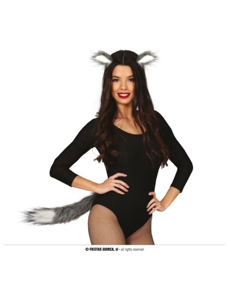 Set costume lupo grigio con orecchie pelose e coda folta per Halloween e feste a tema
