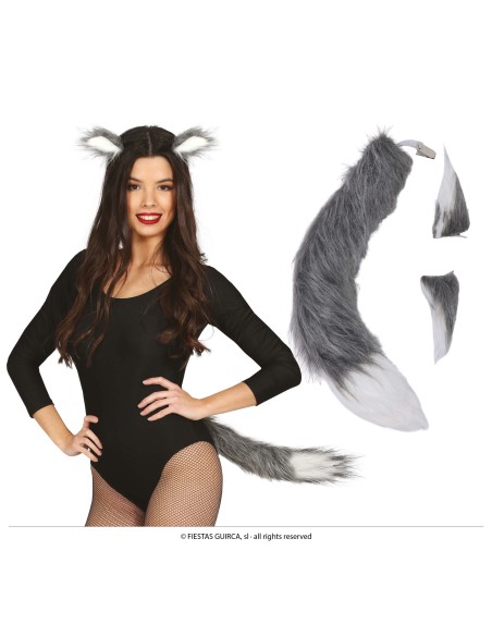 Set costume lupo grigio con orecchie pelose e coda folta per Halloween e feste a tema