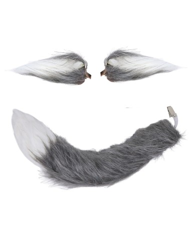 Set costume lupo grigio con orecchie pelose e coda folta per Halloween e feste a tema