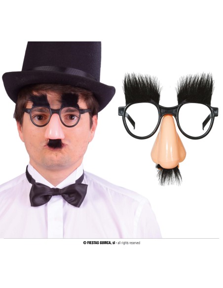 Occhiali finti con naso posticcio baffi neri e sopracciglia folte per travestimenti comici