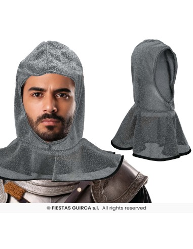 Cappuccio medievale grigio effetto cotta di maglia per costumi storici da cavaliere e guerriero