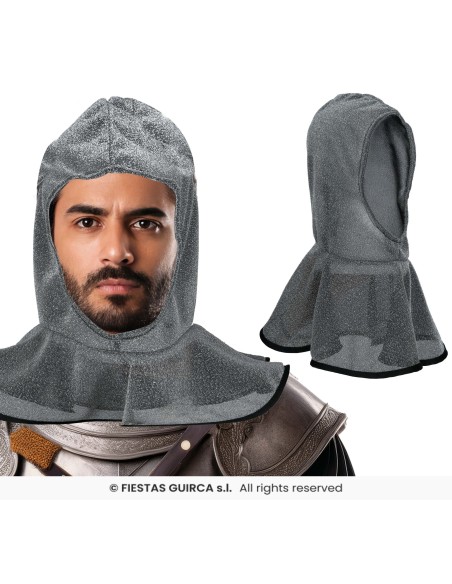 Cappuccio medievale grigio effetto cotta di maglia per costumi storici da cavaliere e guerriero