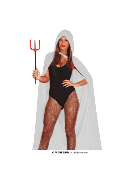 Mantello bianco con cappuccio in velluto indossato da donna con tridente per costume Halloween