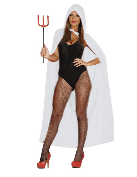 Mantello bianco con cappuccio in velluto indossato da donna con tridente per costume Halloween
