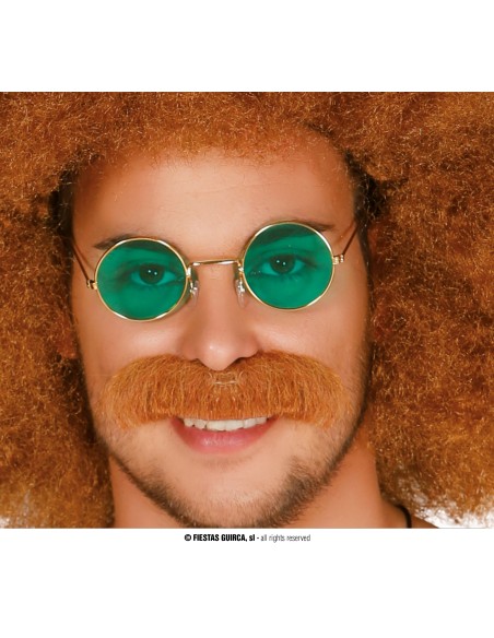 Occhiali hippie tondi con lenti verdi e montatura dorata per costume anni 70 retrò vintage