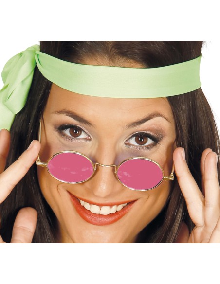 Occhiali hippie rosa tondi con montatura dorata stile anni 60 per costume flower power vintage