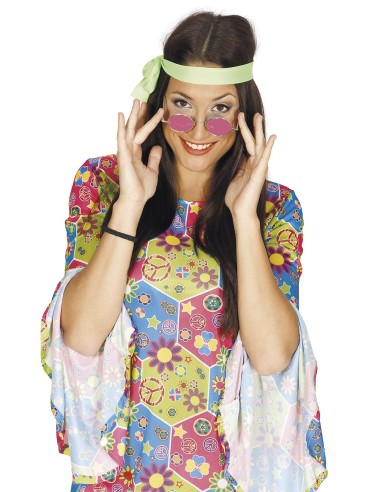 Occhiali hippie rosa tondi con montatura dorata stile anni 60 per costume flower power vintage