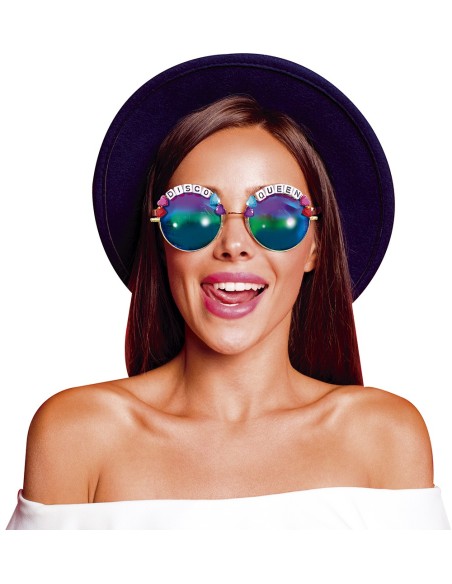 Occhiali da sole tondi Disco Queen con lenti colorate e scritta glitterata per feste anni 70