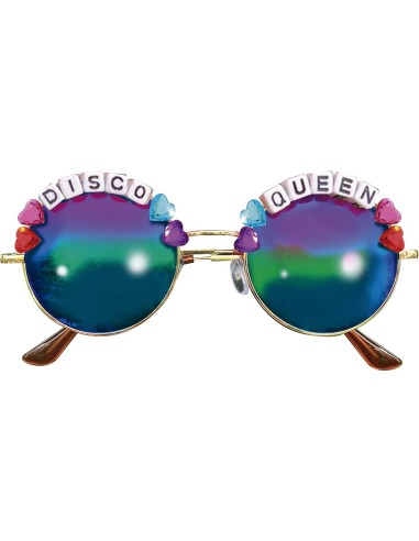 Occhiali da sole tondi Disco Queen con lenti colorate e scritta glitterata per feste anni 70