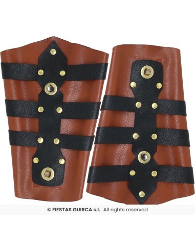 Copribraccia romani in cuoio marrone con borchie dorate e cinghie nere per costumi da gladiatore