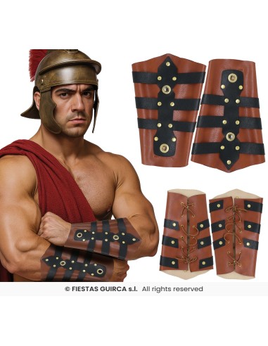 Copribraccia romani in cuoio marrone con borchie dorate e cinghie nere per costumi da gladiatore