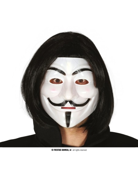 Maschera vendetta PVC bianca con cappuccio nero, volto stilizzato con baffi e sorriso per costume