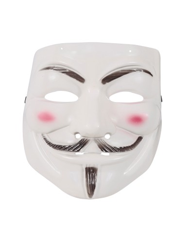 Maschera vendetta PVC bianca con cappuccio nero, volto stilizzato con baffi e sorriso per costume