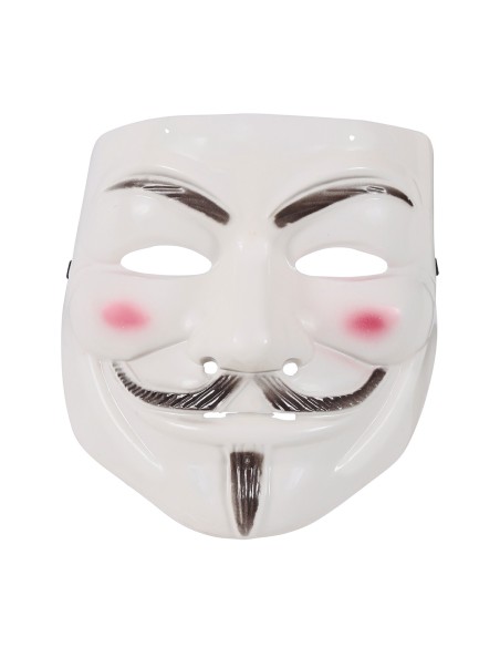 Maschera vendetta PVC bianca con cappuccio nero, volto stilizzato con baffi e sorriso per costume