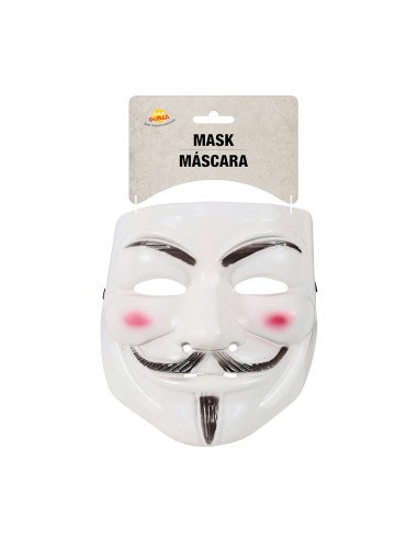 Maschera vendetta PVC bianca con cappuccio nero, volto stilizzato con baffi e sorriso per costume