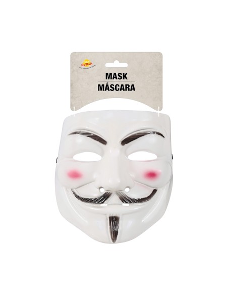 Maschera vendetta PVC bianca con cappuccio nero, volto stilizzato con baffi e sorriso per costume