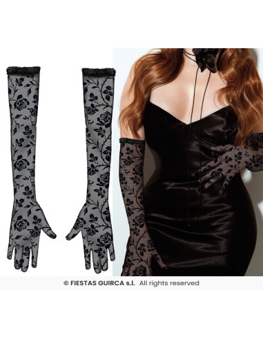 Guanti lunghi neri in pizzo con fiori fino al gomito per feste eleganti e Halloween