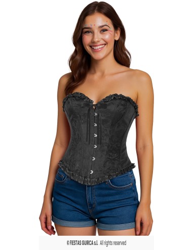 Corsetto nero da donna con lacci frontali e decorazioni in pizzo per feste a tema