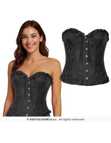 Corsetto nero da donna con lacci frontali e decorazioni in pizzo per feste a tema