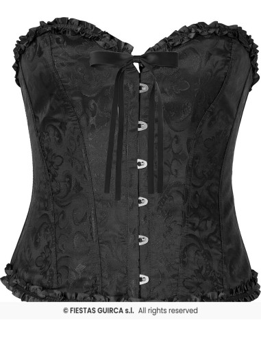 Corsetto nero da donna con lacci frontali e decorazioni in pizzo per feste a tema