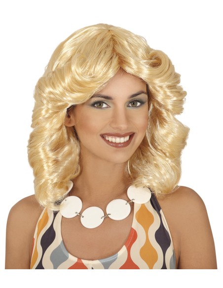Parrucca bionda riccia vintage anni 70 da donna con onde voluminose e frangia laterale