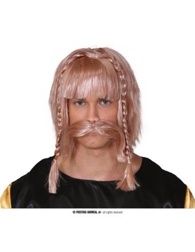 Parrucca vichingo bionda con baffi e trecce laterali per costume medievale Halloween