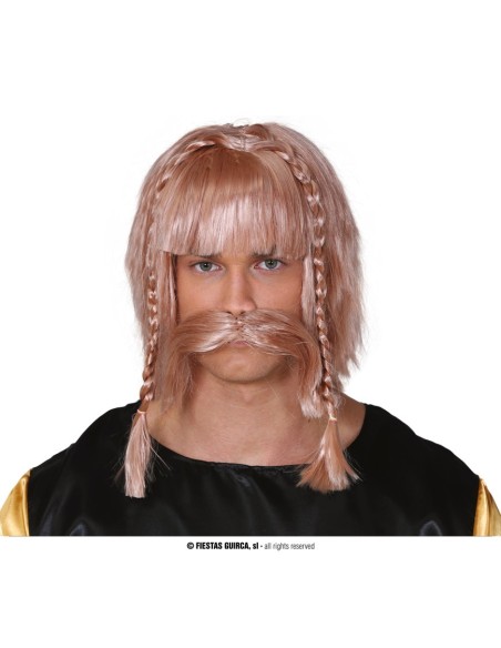 Parrucca vichingo bionda con baffi e trecce laterali per costume medievale Halloween