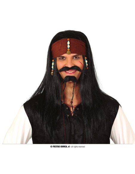 Parrucca pirata Jack con capelli lunghi neri, bandana rossa e accessori dorati per costume