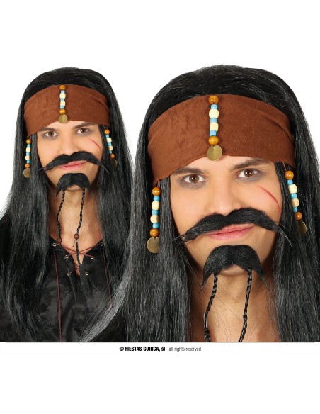 Parrucca pirata Jack con capelli lunghi neri, bandana rossa e accessori dorati per costume