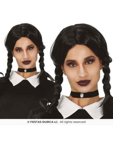 Parrucca nera con trecce laterali stile Mercoledì per costume Halloween donna