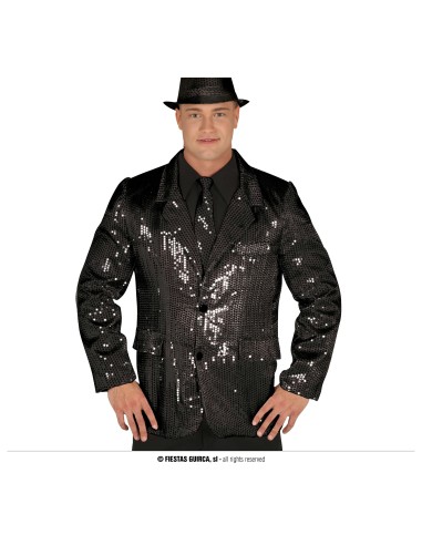 Giacca nera con paillettes brillanti indossata da uomo con cappello per feste glamour