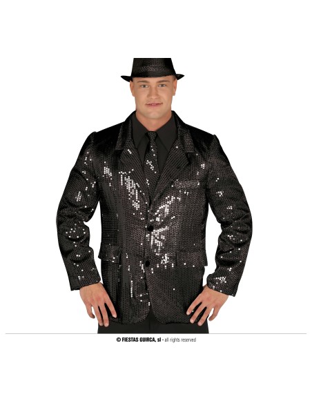 Giacca nera con paillettes brillanti indossata da uomo con cappello per feste glamour