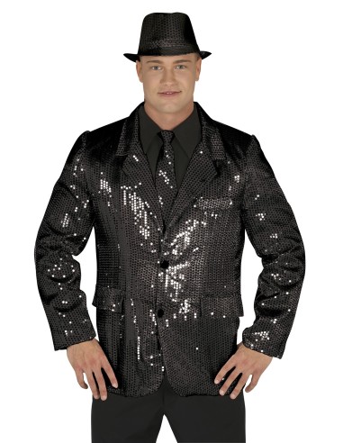 Giacca nera con paillettes brillanti indossata da uomo con cappello per feste glamour