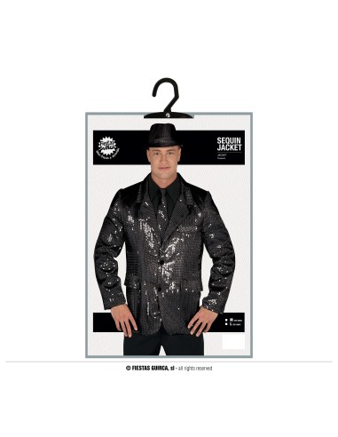 Giacca nera con paillettes brillanti indossata da uomo con cappello per feste glamour