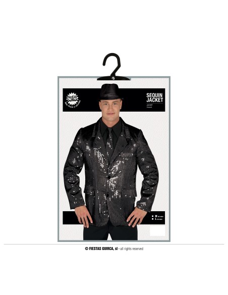 Giacca nera con paillettes brillanti indossata da uomo con cappello per feste glamour