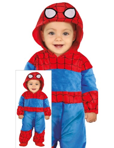Costume Baby Spider-Man rosso e blu con cappuccio per bambini 2-3 anni supereroe Marvel