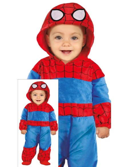 Costume Baby Spider-Man rosso e blu con cappuccio per bambini 2-3 anni supereroe Marvel