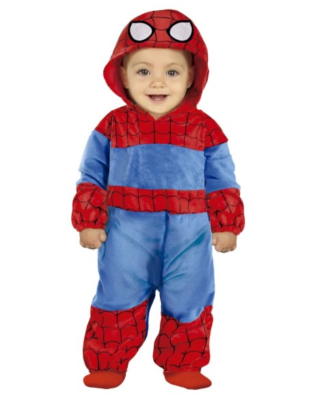 Costume Baby Spider-Man rosso e blu con cappuccio per bambini 2-3 anni supereroe Marvel
