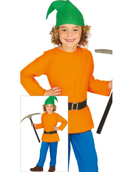 Bambino con costume da Nano: tunica arancione, cappello verde, pantaloni blu e piccone giocattolo in mano