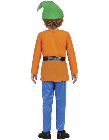 Bambino con costume da Nano: tunica arancione, cappello verde, pantaloni blu e piccone giocattolo in mano