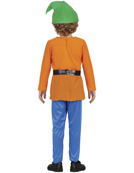 Bambino con costume da Nano: tunica arancione, cappello verde, pantaloni blu e piccone giocattolo in mano