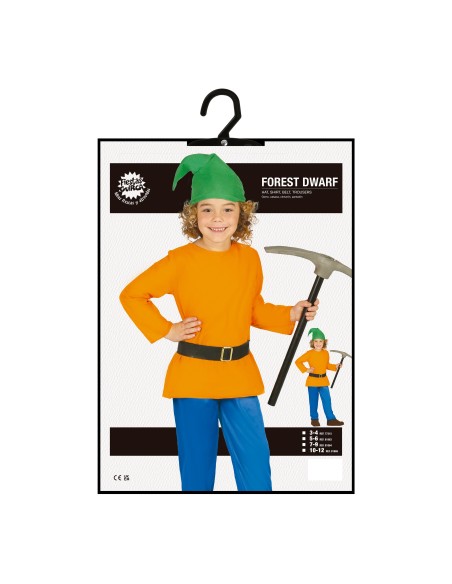Bambino con costume da Nano: tunica arancione, cappello verde, pantaloni blu e piccone giocattolo in mano