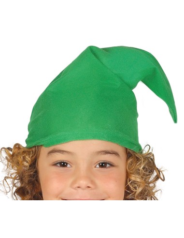 Bambino con costume da Nano: tunica arancione, cappello verde, pantaloni blu e piccone giocattolo in mano