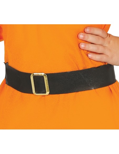 Bambino con costume da Nano: tunica arancione, cappello verde, pantaloni blu e piccone giocattolo in mano