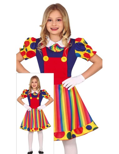 Costume clown bambina multicolore con vestito arcobaleno e maniche a pois per feste di Carnevale