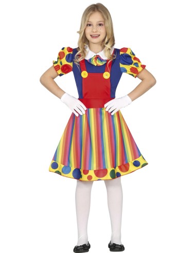 Costume clown bambina multicolore con vestito arcobaleno e maniche a pois per feste di Carnevale